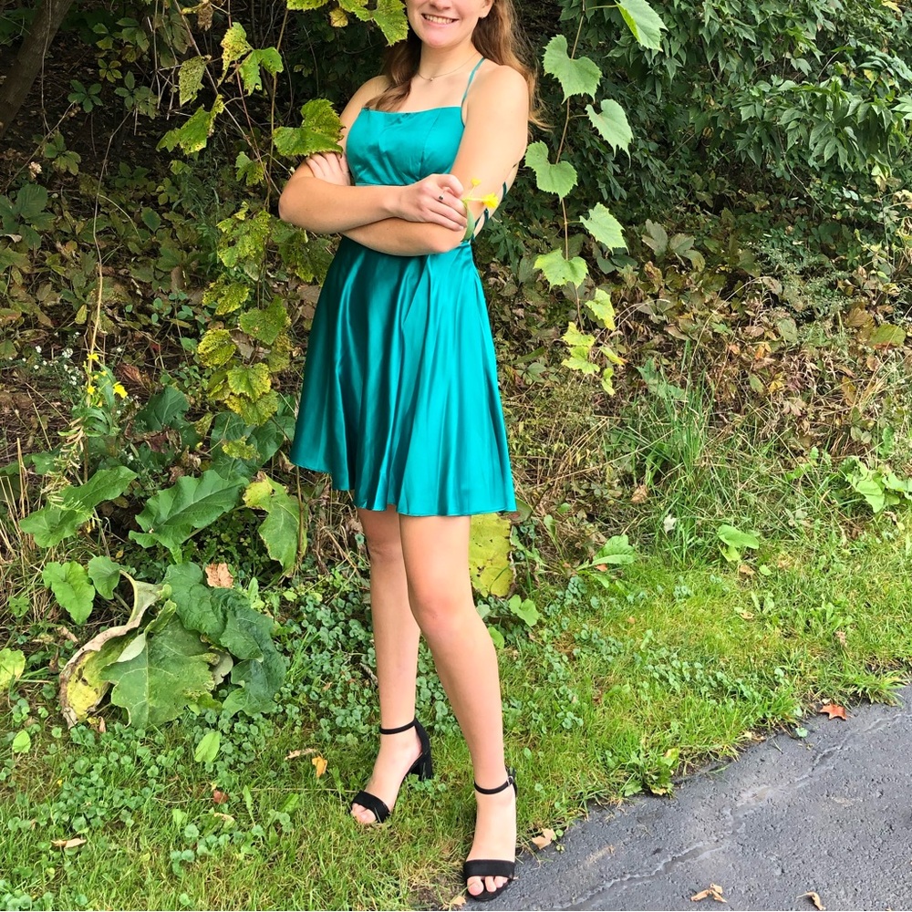 Teal Satin Homecoming Dress